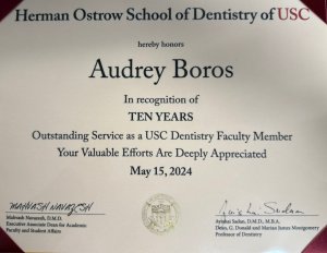 image of Dr. Boros' certificate for teaching at USC for 10 years